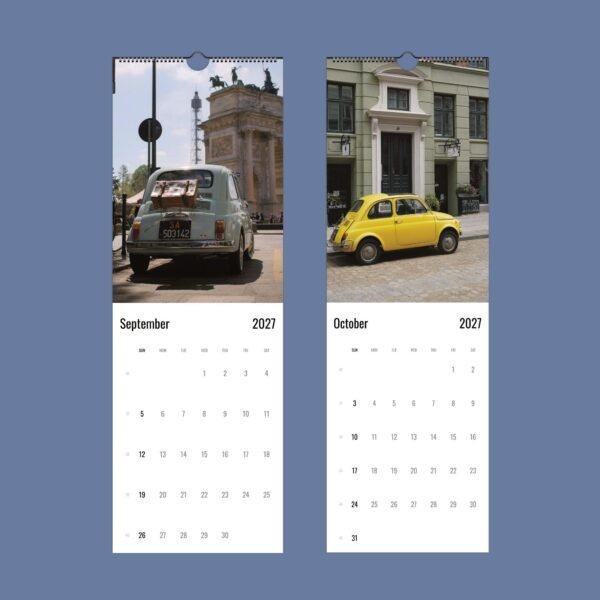 2027 wall calendar featuring vintage Fiat 500 cars in Europe