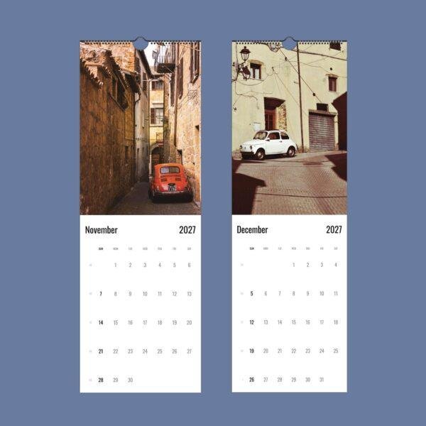 2027 wall calendar featuring vintage Fiat 500 cars in Italy