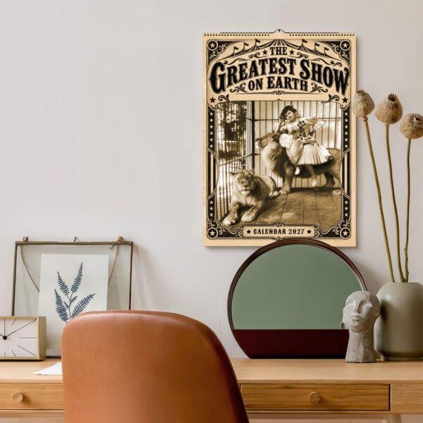 Vintage circus 2027 wall calendar hanging above a desk