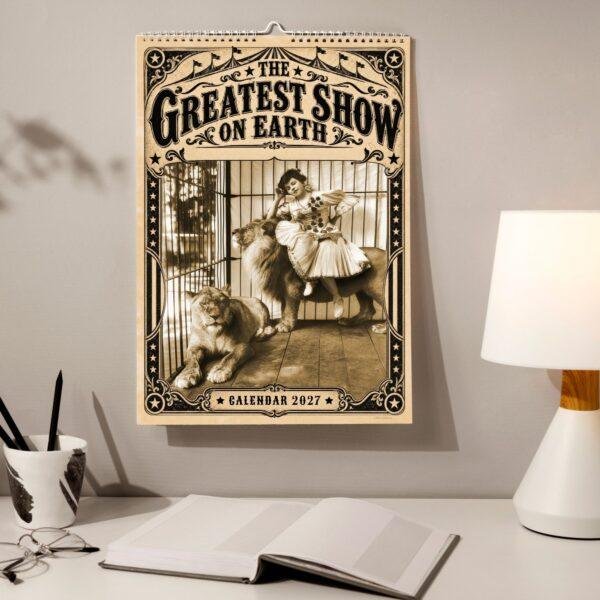 Vintage circus 2027 wall calendar hanging above a desk