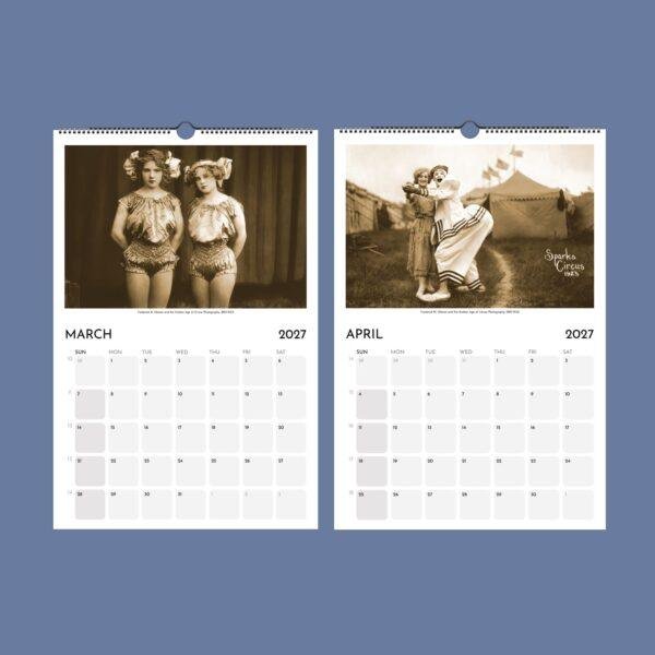 2027 wall calendar featuring vintage circus photography for March and April
