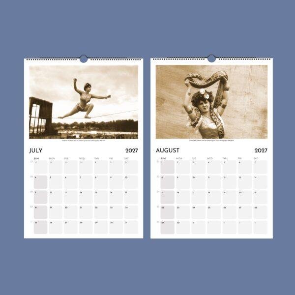 2027 wall calendar featuring vintage circus photography for July and August