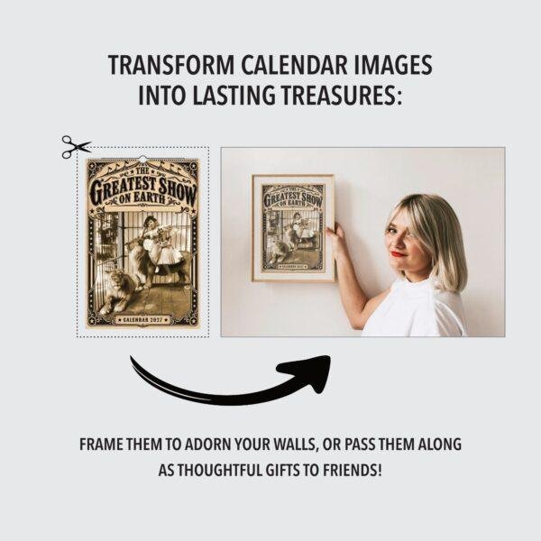 Woman framing vintage circus calendar image as wall art