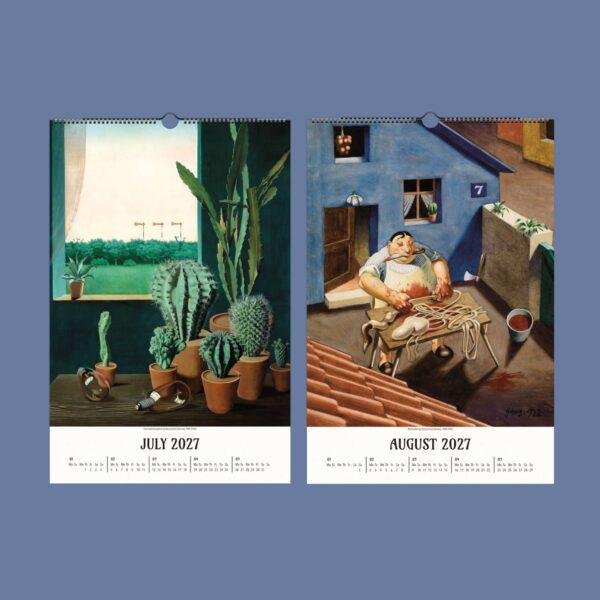 2027 wall calendar showing July and August artistic paintings