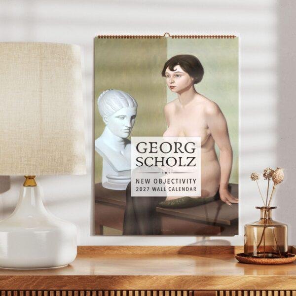 Georg Scholz New Objectivity 2027 wall calendar on wooden shelf
