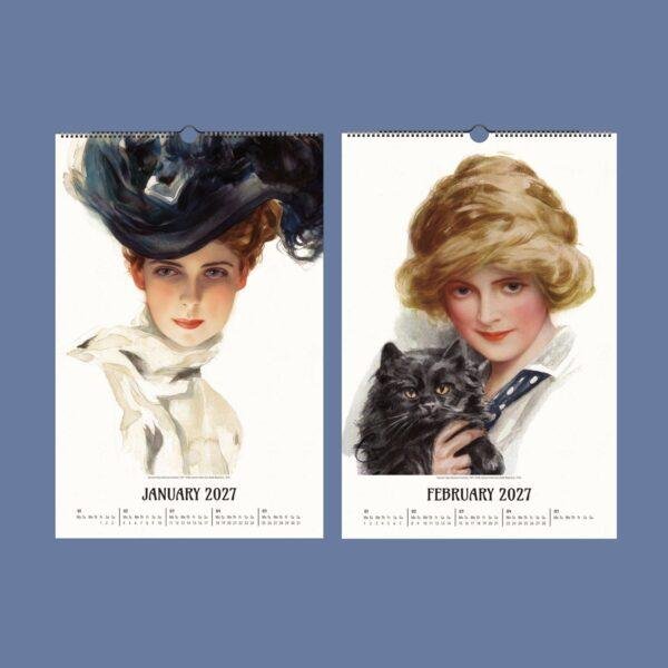 Vintage illustration 2027 wall calendar showing elegant Edwardian women