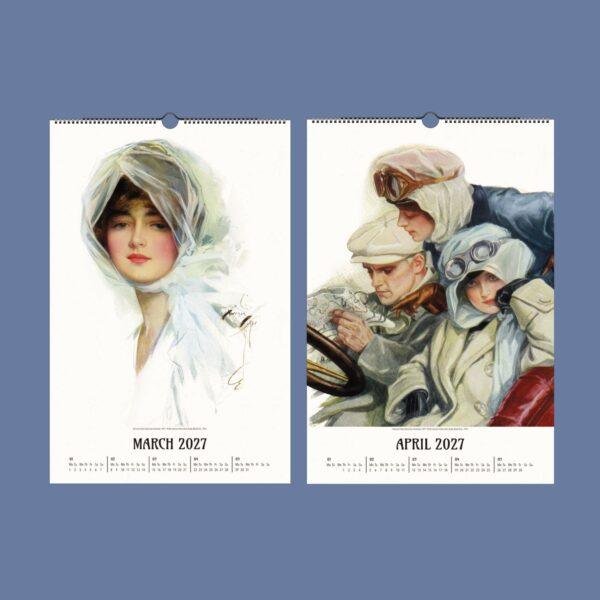Vintage illustration 2027 wall calendar March and April pages