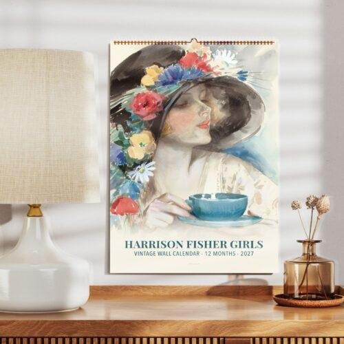 Harrison Fisher Girls 2027 vintage wall calendar on shelf