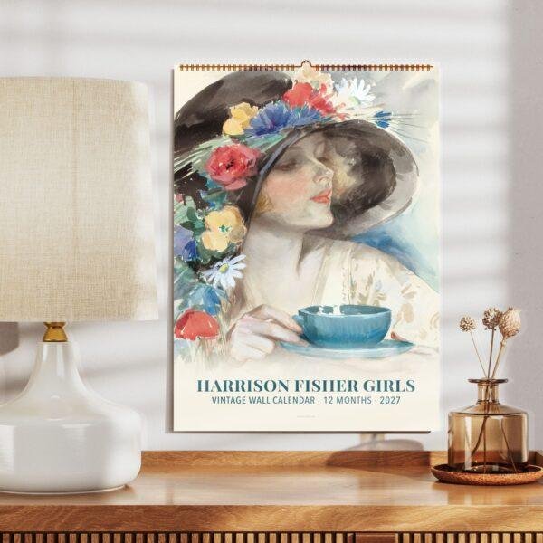 Harrison Fisher Girls 2027 vintage wall calendar on shelf