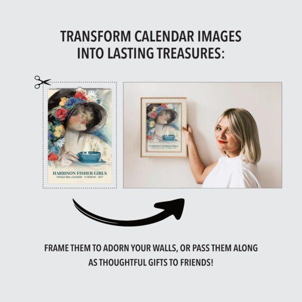 Woman framing vintage Harrison Fisher Girls calendar art on wall