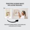 Woman framing medieval botanical calendar art on wall