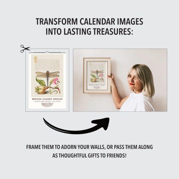 Woman framing medieval botanical calendar art on wall