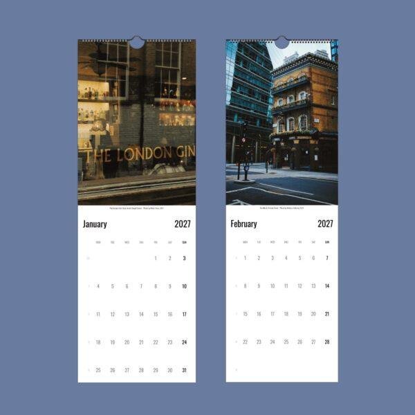 2027 London-themed wall calendar showing January and February