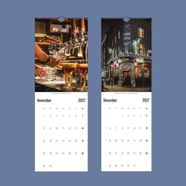 2027 wall calendar showing November and December London pub photos