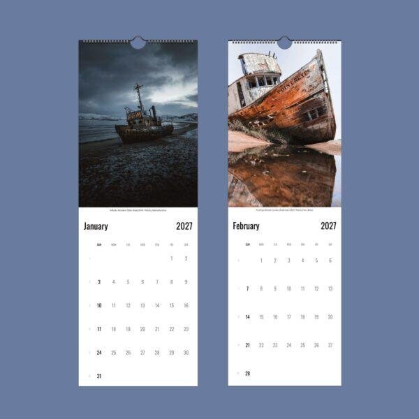 2027 wall calendar featuring abandoned shipwrecks for January and February