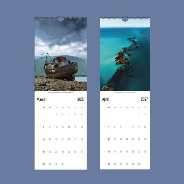 2027 wall calendar showing March and April shipwreck photos