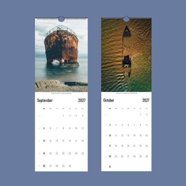 2027 wall calendar showing September and October shipwreck photos