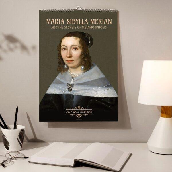 2027 Maria Sibylla Merian wall calendar hanging above desk