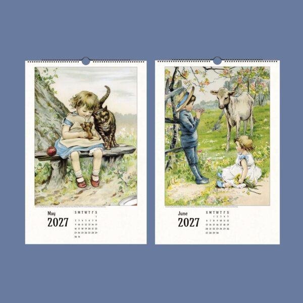 Two vintage-style 2027 wall calendars with children illustrations