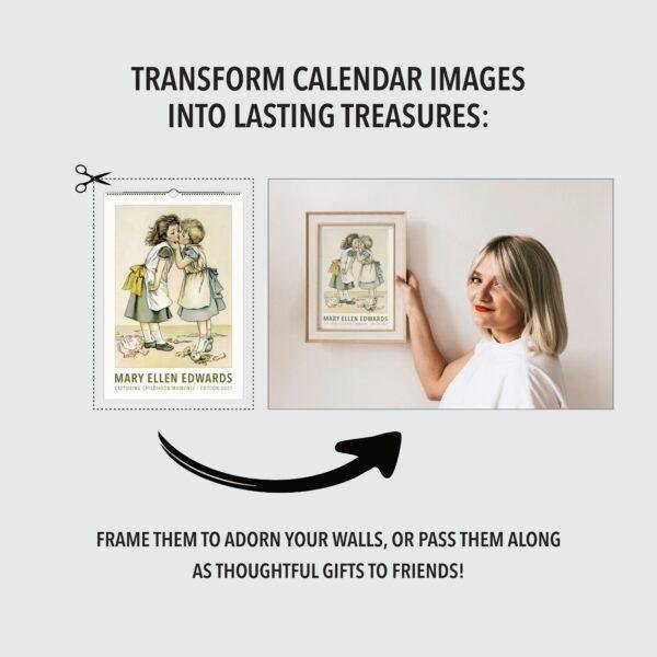 Woman framing Mary Ellen Edwards calendar art on wall