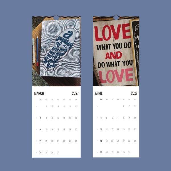 2027 wall calendar showing March and April with inspirational quotes