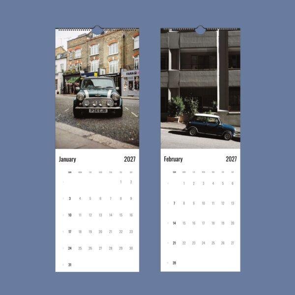 2027 wall calendar featuring classic Mini Cooper cars