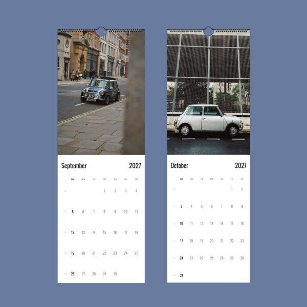 2027 wall calendar featuring classic Mini Cooper cars
