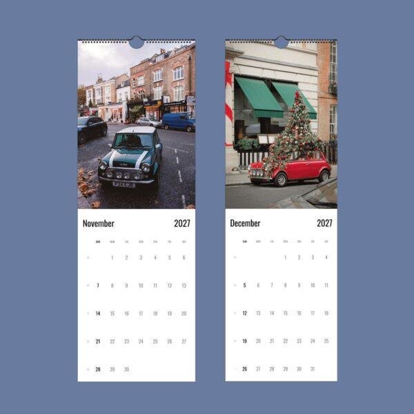 2027 wall calendar featuring classic Mini Cooper cars in London