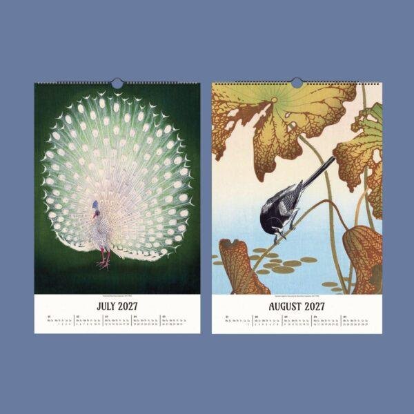 2027 wall calendar featuring Japanese bird artwork for July and August