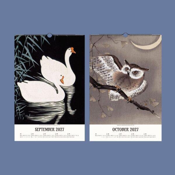 2027 wall calendar featuring Japanese art of swans and owl