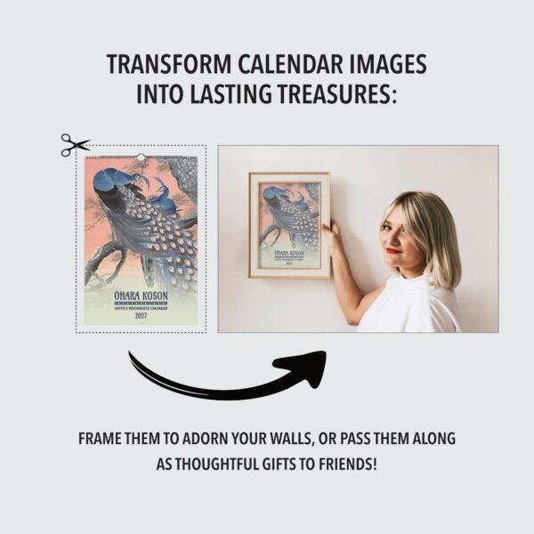 Woman framing Ohara Koson calendar art as wall decor