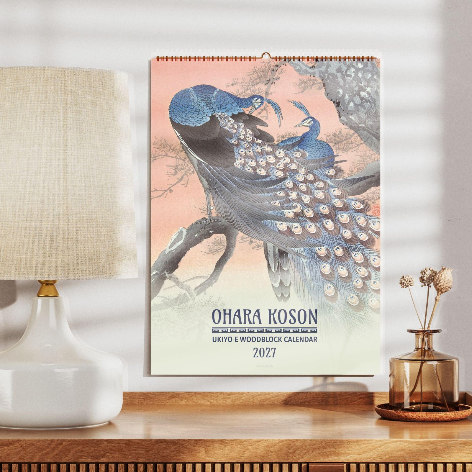 Ohara Koson 2027 Ukiyo-e woodblock wall calendar with peacocks