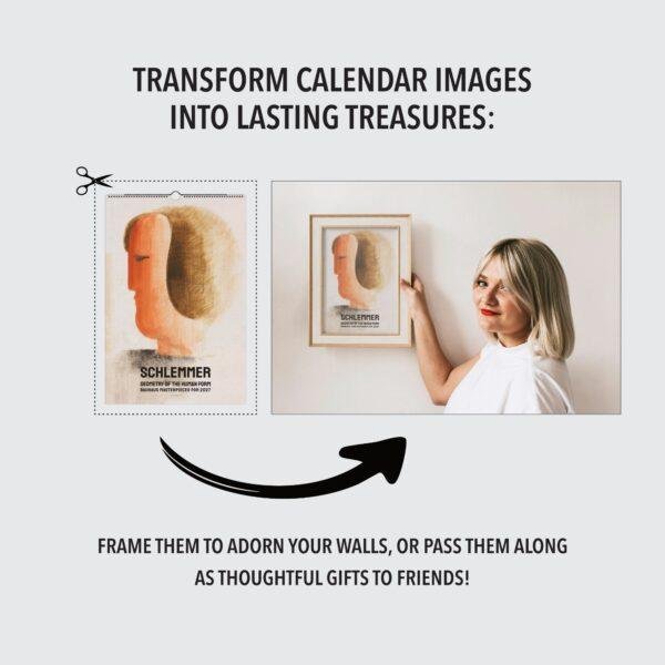 Woman framing Schlemmer Bauhaus calendar art on wall