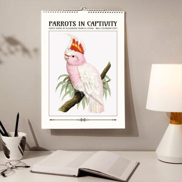 Parrots in Captivity 2027 wall calendar featuring pink cockatoo illustration