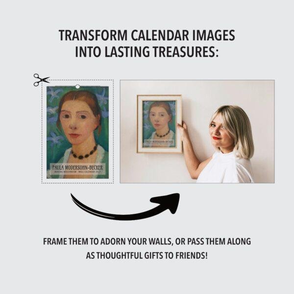 Woman framing Paula Modersohn-Becker calendar art on wall