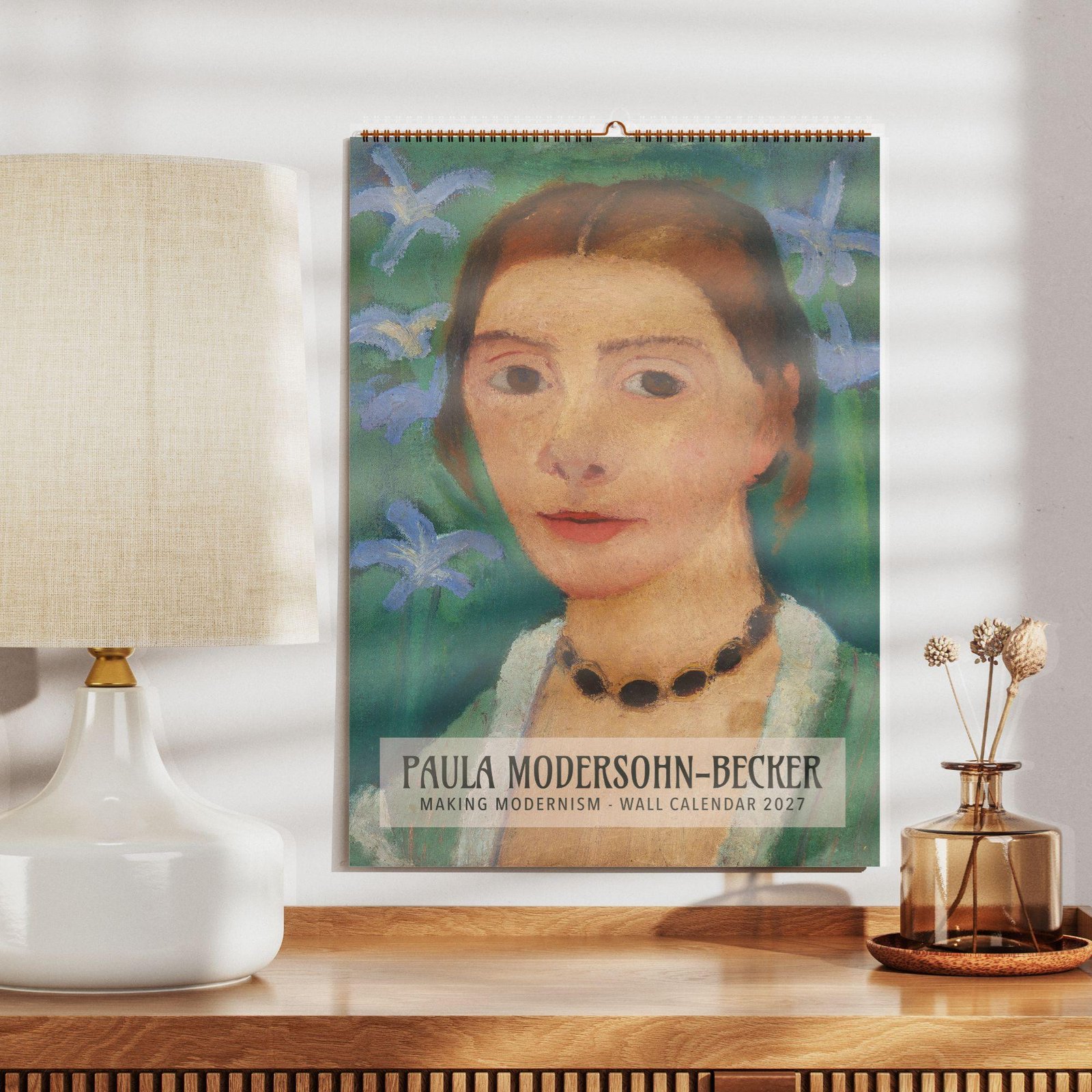 Paula Modersohn-Becker 2027 wall calendar on wooden shelf