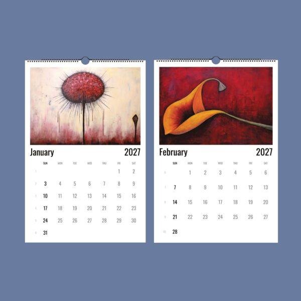 2027 wall calendar showing January and February with floral art