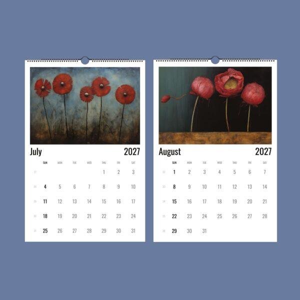 2027 wall calendar showing July and August with floral art