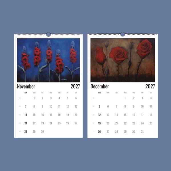 2027 wall calendar showing November and December floral artwork