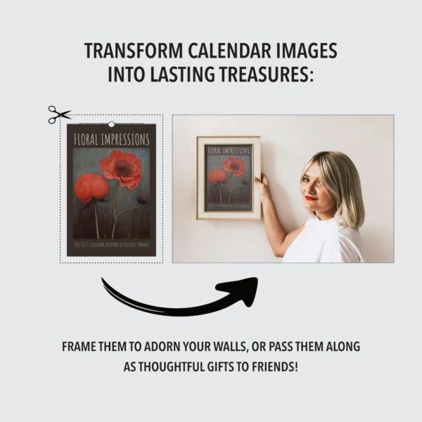 Woman framing Floral Impressions calendar art on wall
