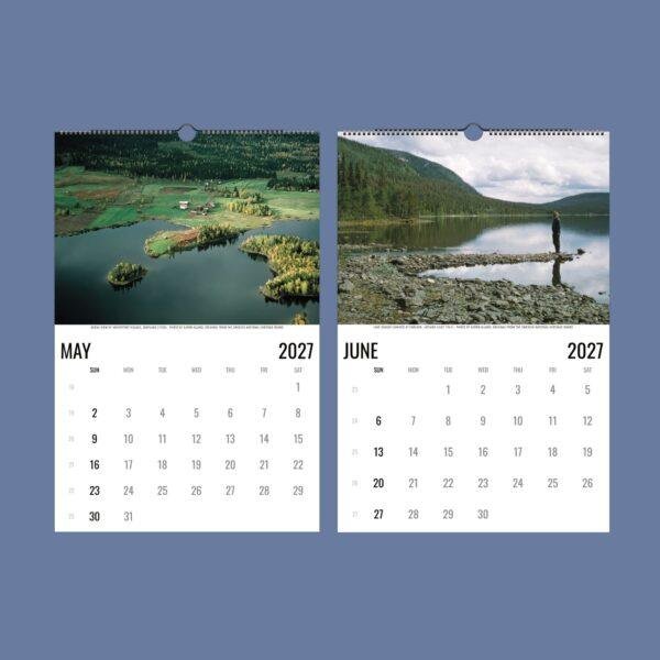 2027 wall calendar showing May and June with Swedish nature photos