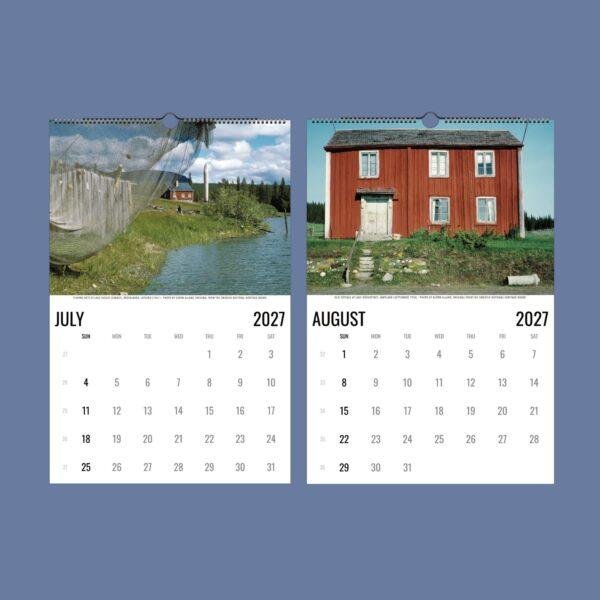 2027 wall calendar showing July and August with Swedish landscapes