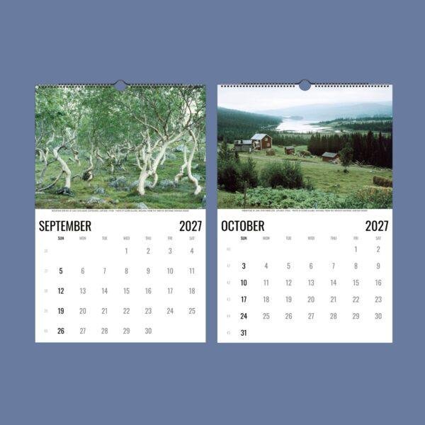 2027 wall calendar showing September and October with Lapland photos