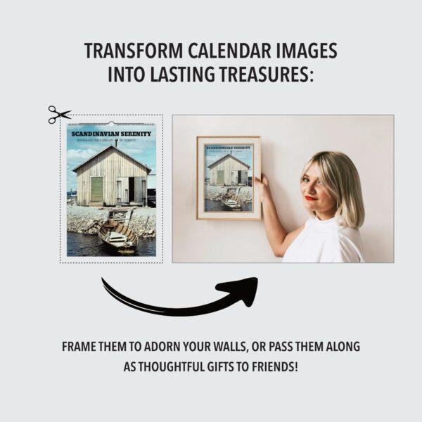 Woman framing Scandinavian Serenity calendar image as wall art