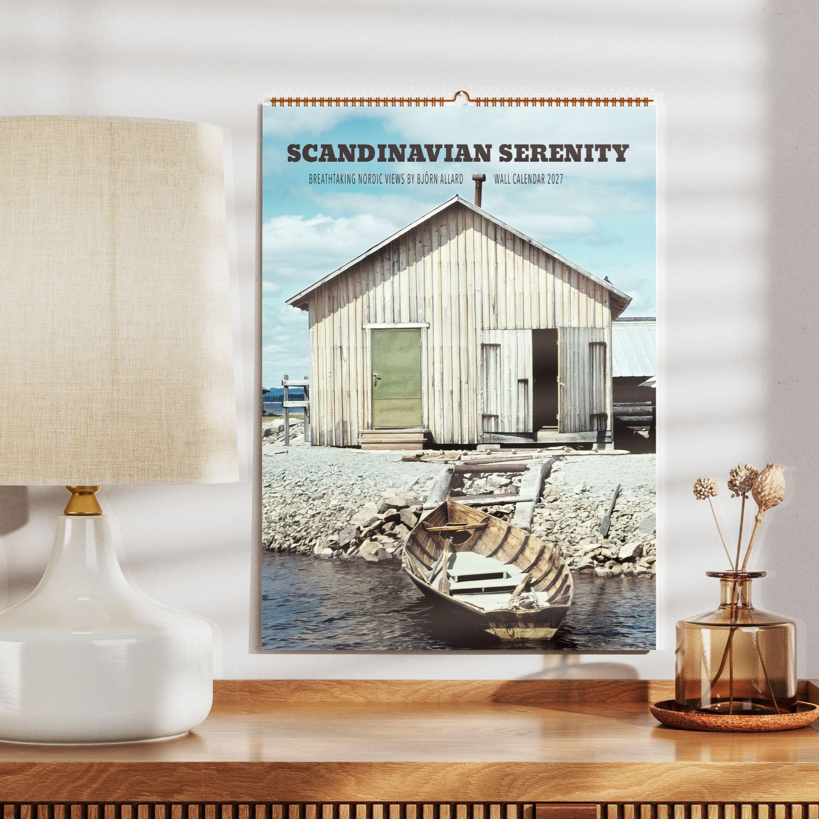 Scandinavian Serenity 2027 wall calendar on home shelf