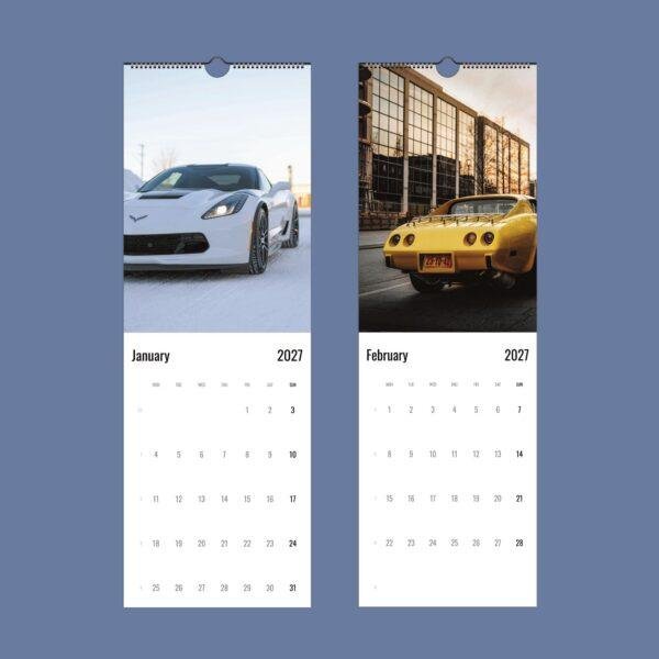 2027 wall calendar featuring white and yellow Corvettes