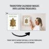 Woman framing turtle shell calendar art on wall