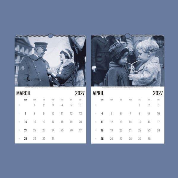 2027 wall calendar showing March and April with vintage photos