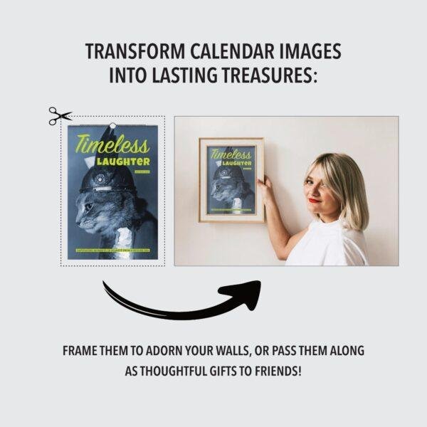 Woman framing Timeless Laughter calendar image on wall