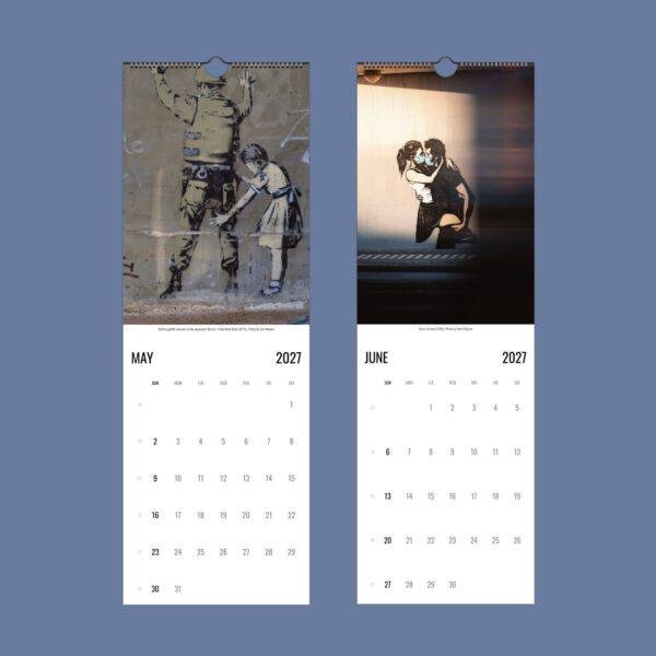2027 wall calendar featuring Banksy street art for May and June